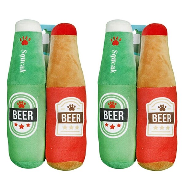 2x 2pc Pro Pet Care Beer Bottle Set Plush Dog Toy With Squeaker 24cm