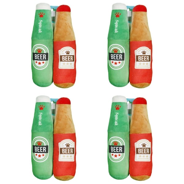 4x 2pc Pro Pet Care Beer Bottle Set Plush Dog Toy With Squeaker 24cm