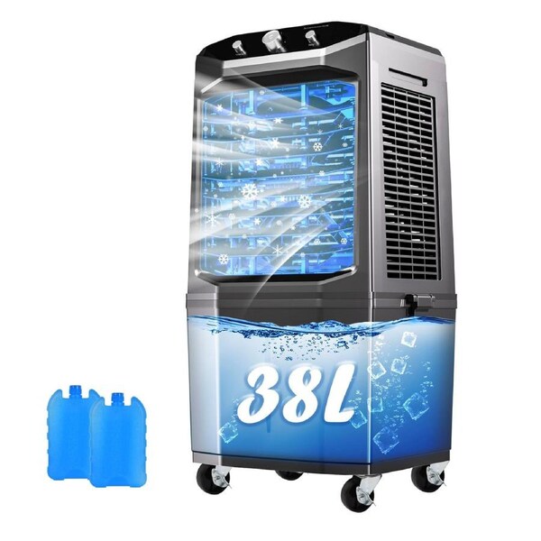 Advwin 38L Folding Air Cooler, 3-IN-1 Evaporative Air Conditioner, with 5500m3/h Air Output, 2 Ice Box, 3-Speed, 70 Oscillation, Universal Wheels, 100W Swamp Cooler for Workshop, Warehouse Use