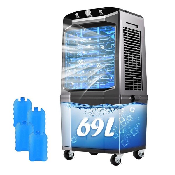Advwin 69L Folding Air Cooler, 3-IN-1 Evaporative Air Conditioner, with 5500m3/h Air Output, 4 Ice Box, 3-Speed, 70 Oscillation, Universal Wheels, 100W Swamp Cooler for Workshop, Warehouse Use