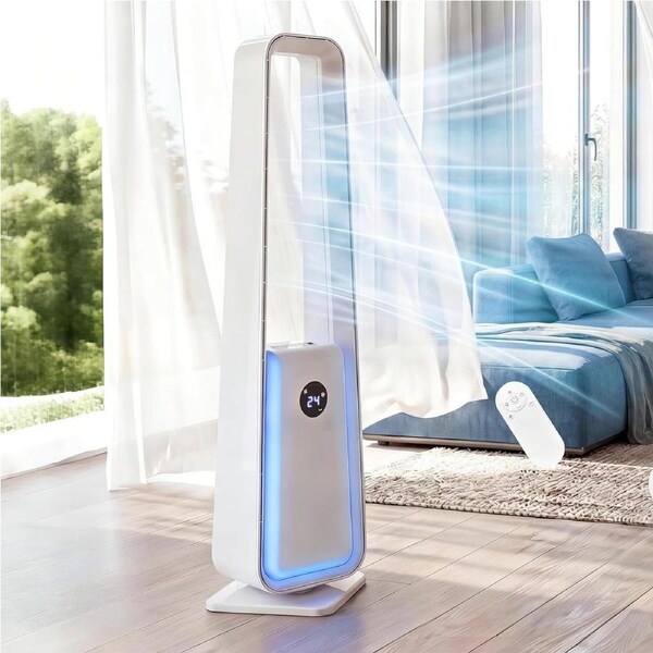 Advwin Bladeless Tower Fan, Powerful Floor Fan with 4-LED Mood Light, Strong Wind, 3-Speed, Touch & Remote Control, 12H Timer, 60 Oscillating for Bedroom, Living Room, Home Office