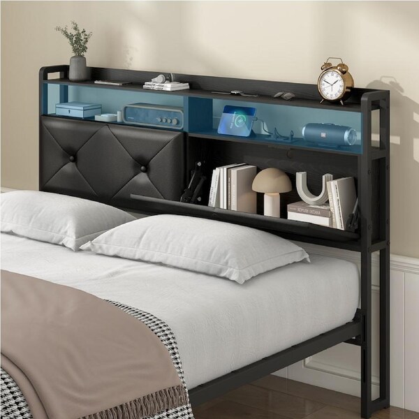 Advwin Double Size Headboard with LED Light Charging Station Hidden Storage PU Upholstered Black