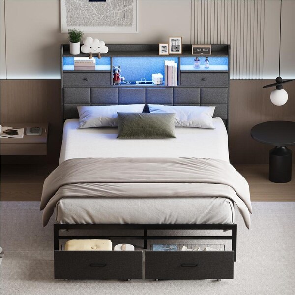 Advwin Double Bed Frame with RGB LED and Charging Station Metal Platform Bed Frames with 2 Storage Drawers Grey