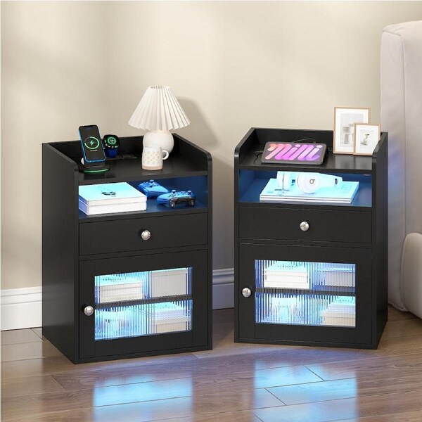 Advwin Set of 2 Bedside Table w/LED & Charging Station, Nightstand End Table with Acrylic Door Black