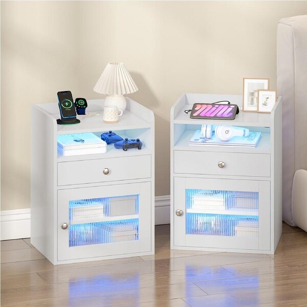 Advwin Set of 2 Bedside Table w/LED & Charging Station, Nightstand End Table with Acrylic Door White