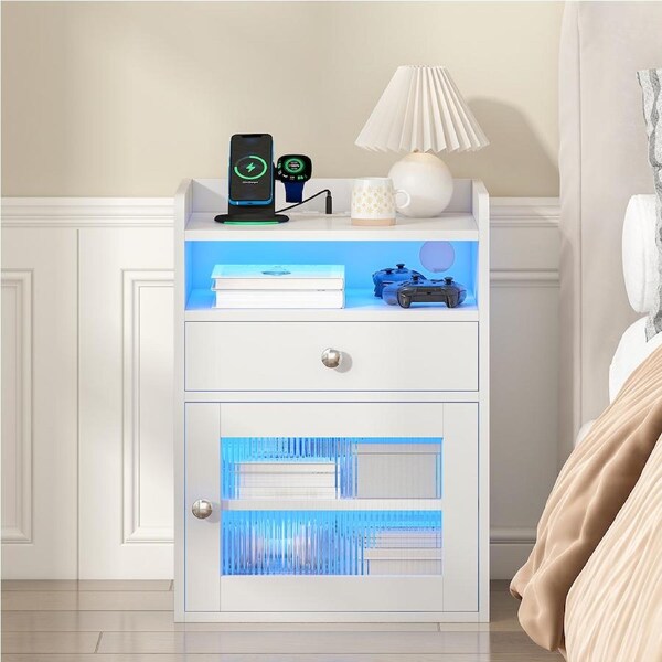 Advwin Bedside Table w/LED & Charging Station, Nightstand End Table with Acrylic Door White