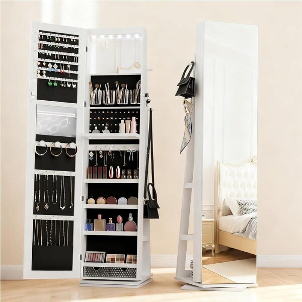 Advwin LED Jewelry Cabinet with Mirror, Lockable 360 Swivel Jewellery Organiser Stand, White