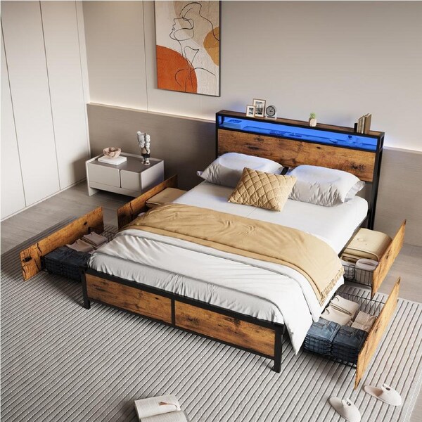 Advwin Queen Bed Frame with 4 Storage Drawers LED Storage Headboard with Charging Station Industrial Metal Platform Bed Frame Rustic Brown