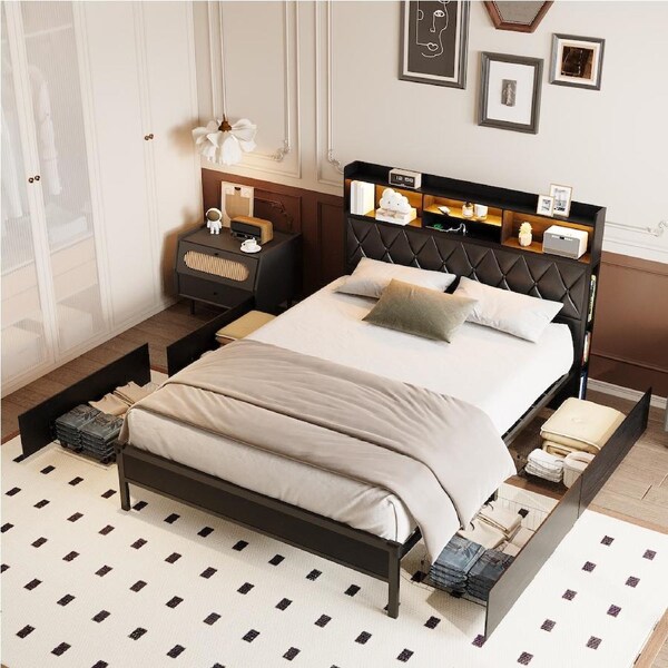 Advwin Queen Bed Frame with 4 Storage Drawers & RGB LED and Charging Station Metal Platform Bed Frames Black