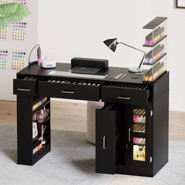 Advwin Manicure Table Nail Tech Desk w/Glass Top Drawer Dust Collector Wireless Charging LED Light Black