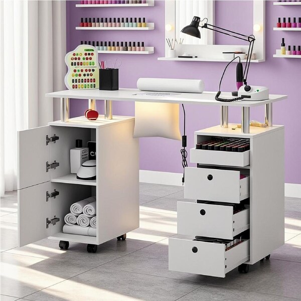 Advwin Manicure Table for Nail Tech w/ Dust Collector Floating Light Wrist Rest Lockable Wheels Drawers Cabinet White