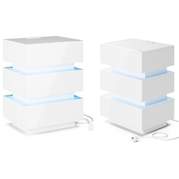 Advwin Set of 2 LED Bedside Table with Charging Station 3 Drawers Nightstand Side Tables White