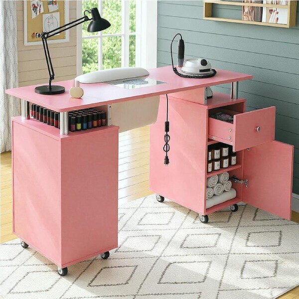 Advwin Manicure Table, Nail Desk for Nail Tech with Dust Collector Wrist Rest Lockable Wheels Pink