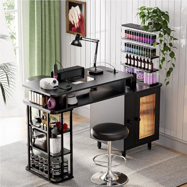 Advwin Manicure Table Nail Desk with Dust Collector, LED Light, Charging Station Removable Acrylic Storage Shelves Black