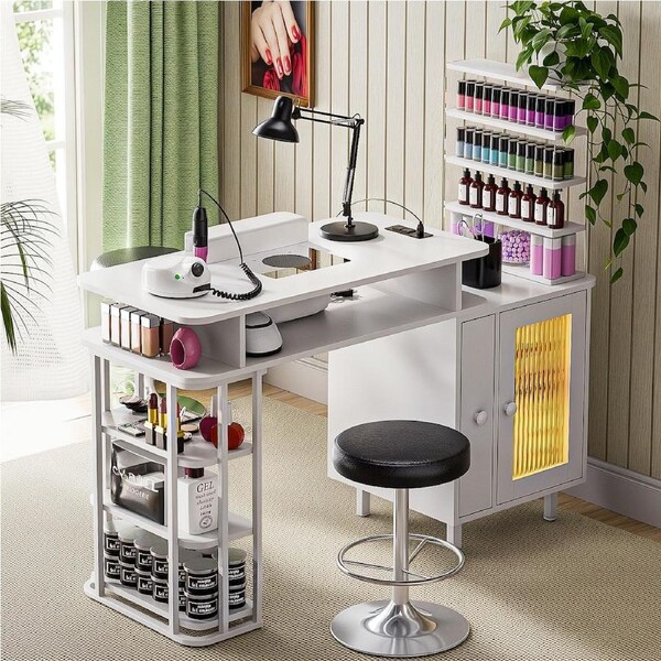 Advwin Manicure Table Nail Desk with Dust Collector, LED Light, Charging Station Removable Acrylic Storage Shelves White