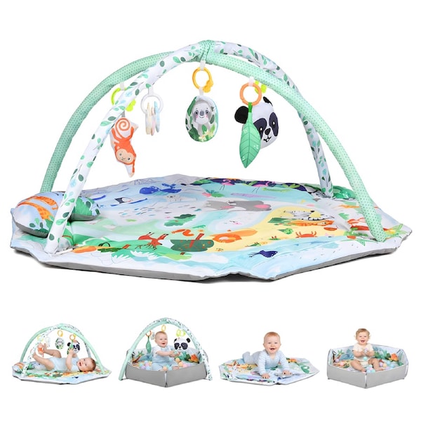 Advwin 8-in-1 Baby Play Gym Mat Tummy Time Mat & Ball Pit with 5 Detachable Toys and 18 Balls Baby Activity Cente 0-36 Months