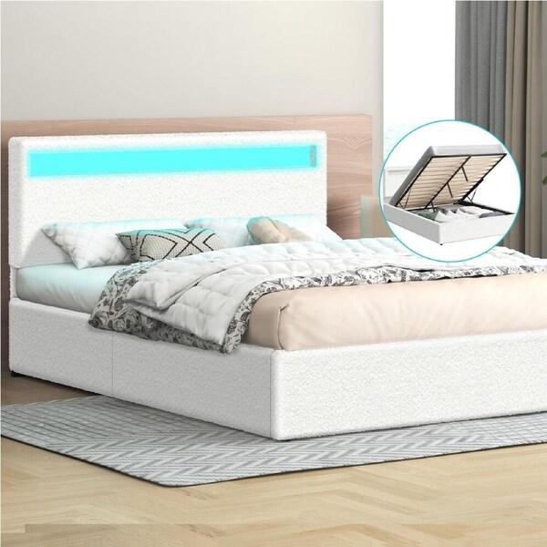 ALFORDSON Bed Frame Queen Size RGB LED Gas Lift Storage Base Boucle LUCHINO