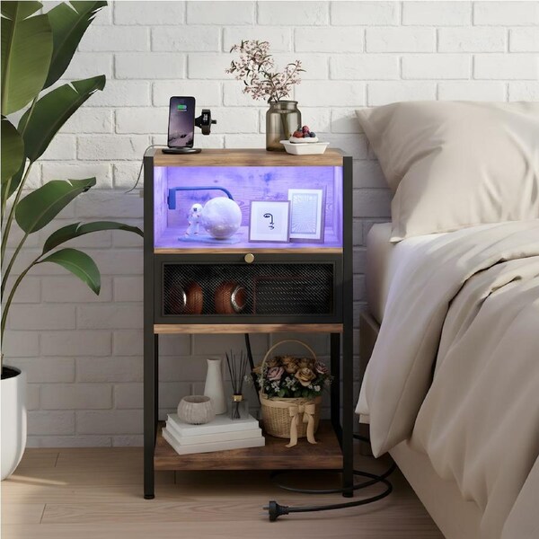 Advwin LED Bedside Table with Charging Station Metal Mesh Drawer Nightstand Side Table Rustic Brown