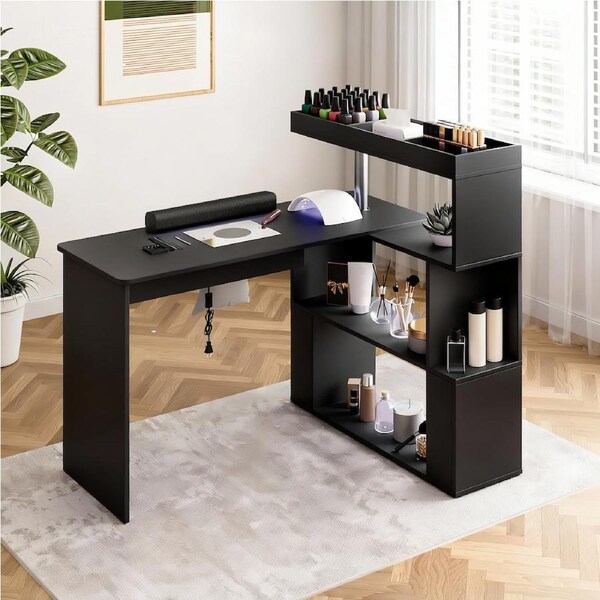 Advwin Manicure Table Nail Tech Desk with Dust Collector, Rotating Reversible L-Shaped Salon Workstation Black