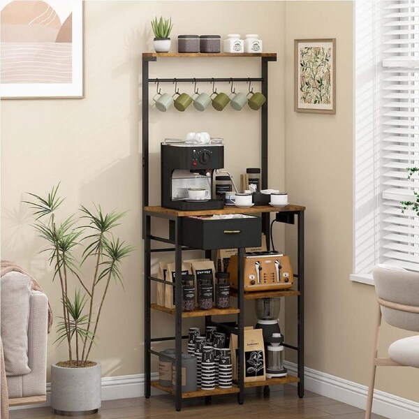 Advwin Coffee Bar Station 5 Tier Coffee Stand with Storage Drawer Kitchen Bakers Rack with Power Outlet Corner Kitchen Shelf Rustic Brown