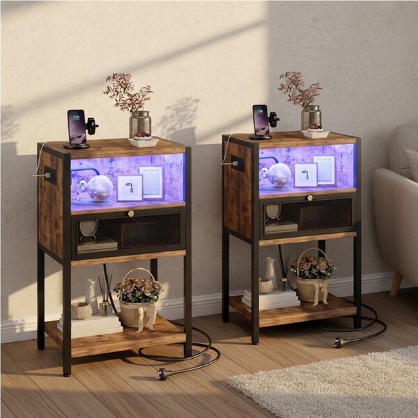 Advwin Set of 2 LED Bedside Table with Charging Station Metal Mesh Drawer Nightstand Side Table Rustic Brown
