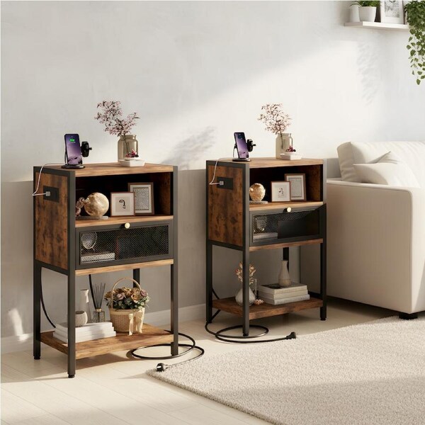 Advwin Set of Bedside Table with Charging Station Metal Mesh Drawer & Storage Shelves Side Table Rustic Brown