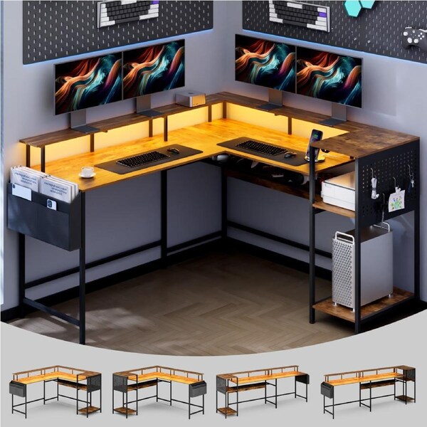 Advwin L Shaped Computer Desk with LED Lights & Power Outlets, Convertible Corner Gaming Desk with Monitor Stand & Side Pockets, 2 Person Home Office Study Table with Storage Shelf & Pegboard, Walnut