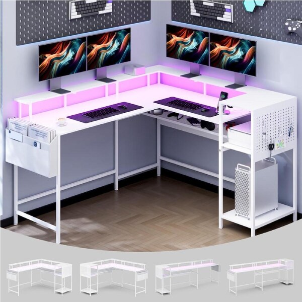 Advwin L Shaped Computer Desk with LED Lights & Power Outlets, Convertible Corner Gaming Desk with Monitor Stand & Side Pockets, 2 Person Home Office Study Table with Storage Shelf & Pegboard, White