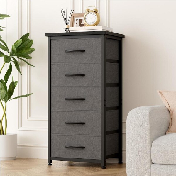 Advwin 5 Drawers Dresser with Adjustable Feet Tall Storage Organizer Chest of Drawers Black & Gray