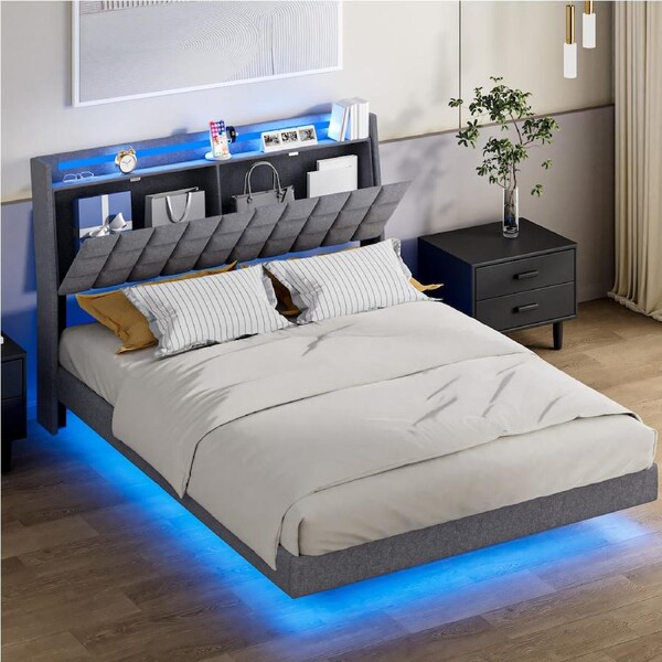 Advwin Double Floating Bed Frame with LED Lights and Storage Headboard Upholstered Platform Bed with Hidden Storage Dark Grey