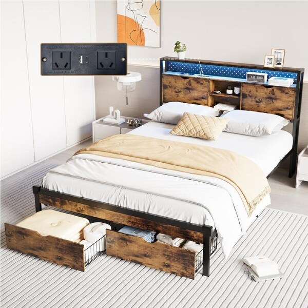 Advwin Double Bed Frame with 2 Storage Drawers Metal Platform Bed Frames with LED Lights and Charging Station Rustic Brown