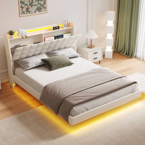 Advwin Queen Floating Bed Frame with LED Lights and Storage Headboard Upholstered Platform Bed with Hidden Storage Beige