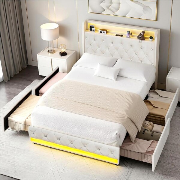 Advwin Queen LED Bed Frame with 4 Storage Drawers and Charging Station Velvet Upholstered Platform Bed with Button Tufted Design Beige