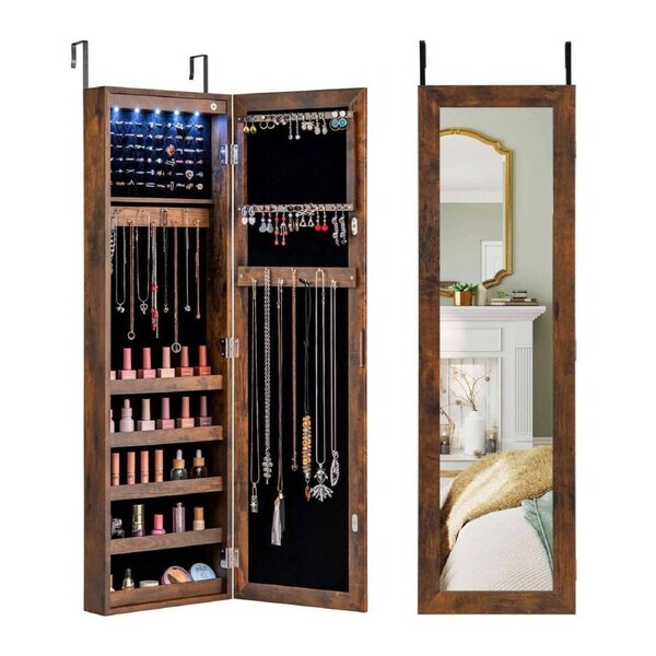 Giantex Wall Mounted Jewellery Cabinet w/LED Lights & Full-Length Mirror Bedroom Rustic Brown