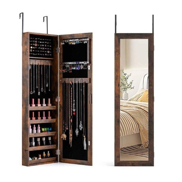 Giantex Jewelry Cabinet 106cm Mirror Wall Mounted Jewelry Storage Armoire Organizer Brown