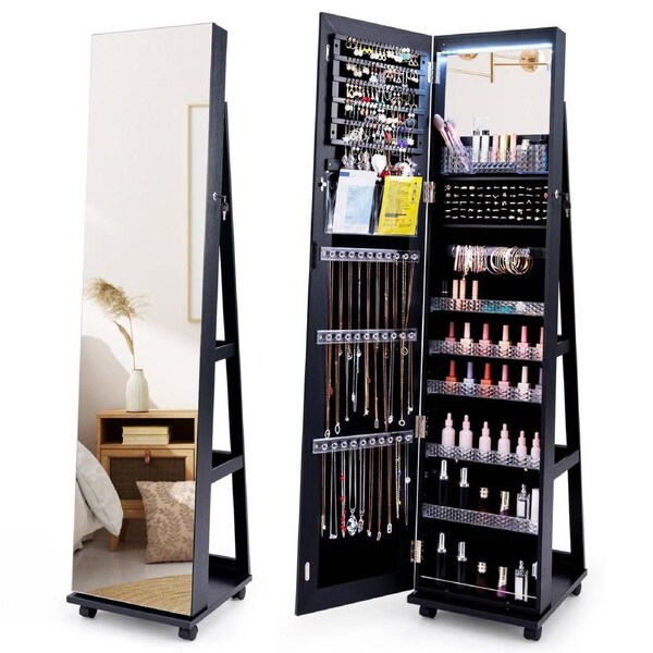 Giantex 1.63M Full-Length Makeup Mirror Storage Organizer Rolling LED Jewelry Cabinet w/Adjustable Shelves Black