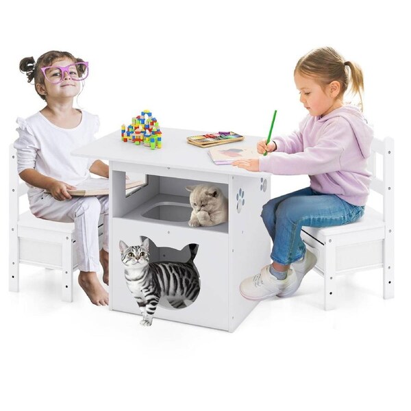 Giantex 2-in-1 Wooden Pet Furniture 3PCS Table & Chair Set w/Cat House Hole Transparent Window & 2 Storage Fabric Bins White