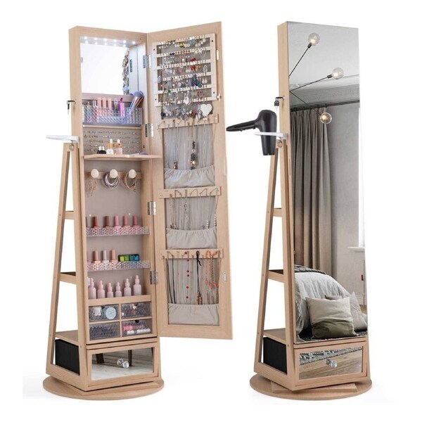 Giantex 1.64M Full-Length Mirror Lockable Armoire Swivel Jewelry Cabinet w/Hair Dryer Rack Storage Shelves Natural