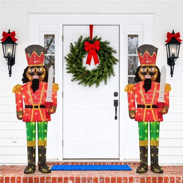 Costway 2X LED Lighted Nutcracker 3D Christmas Pre-Lit Soldier w/100 Lights Ground Stakes Zip Ties