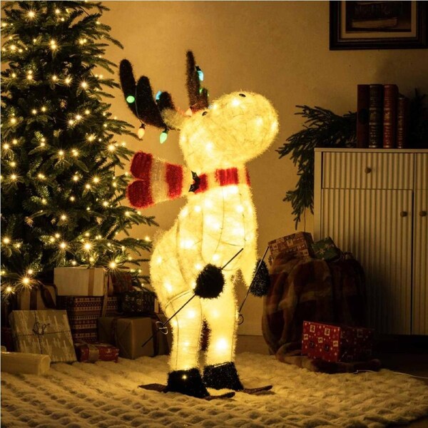 Costway 1.11M Pre-lit Animated Christmas Reindeer Skiing Deer Decoration w/98 Cold White LEDs