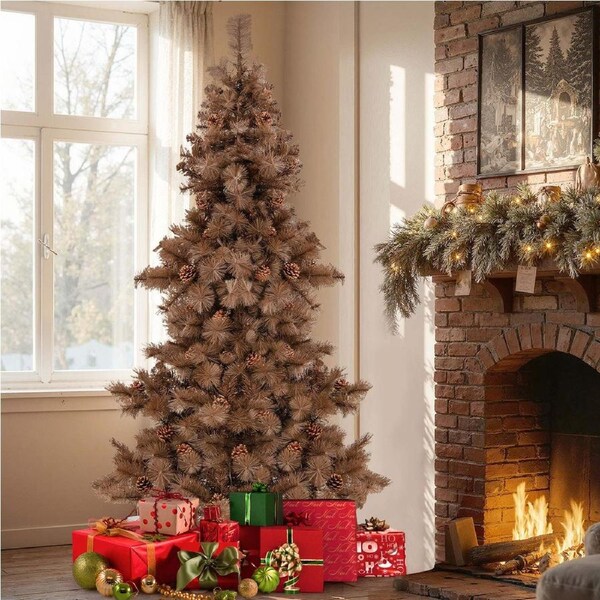 Costway 1.8M Christmas Tree 52 Natural Pine Cones Xmas Decor w/200 Warm White LED Lights 493 Branch Tips Pine Needles
