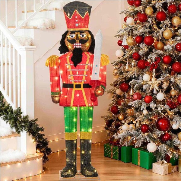 Costway LED Lighted African American Nutcracker Christmas Decoration w/3D Pre-Lit Glitter Sword Ground Stakes