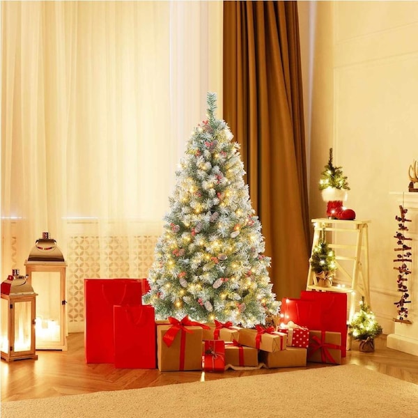 Costway 1.5M Pre-lit Mixed Pine Needle Christmas Tree 8 Light Modes Xmas Tree w/Red Berries