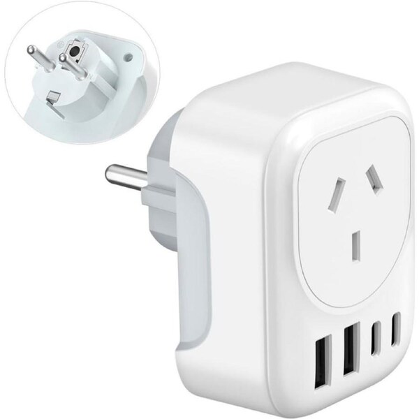 AU to EU Travel Adapter, Australia to European Travel Plug Adaptor, Europe Ground Outlet with Type E/F Plug and 4xUSB for AUS to Bali Germany Spain France Greece Netherlands Turkey