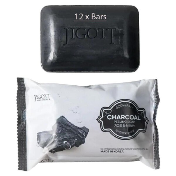 Jigott Exfoliating Body And Face Peeling Bar Soap 150g Charcoal x 12