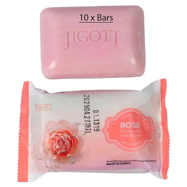 Jigott Exfoliating Body And Face Peeling Bar Soap 150g Rose x 10