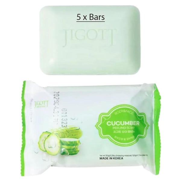 Jigott Exfoliating Body And Face Peeling Bar Soap 150g Cucumber x 5