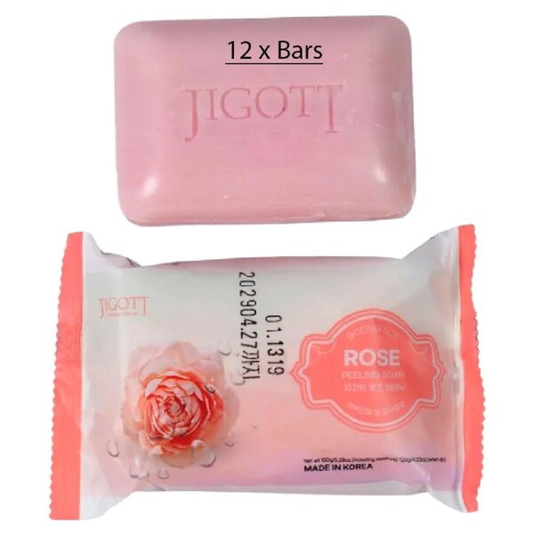 Jigott Exfoliating Body And Face Peeling Bar Soap 150g Rose x 12