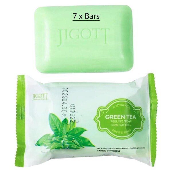 Jigott Exfoliating Body And Face Peeling Bar Soap 150g Green Tea x 7