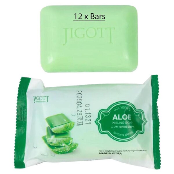 Jigott Exfoliating Body And Face Peeling Bar Soap 150g Aloe Vera x 12